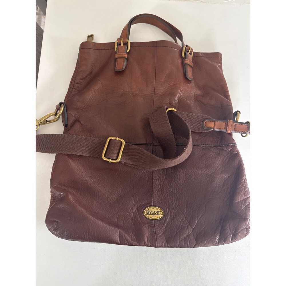 FOSSIL Explorer Brown Leather Foldover Shoulder Messenger Crossbody Bag Hobo Vtg - Picture 3 of 13